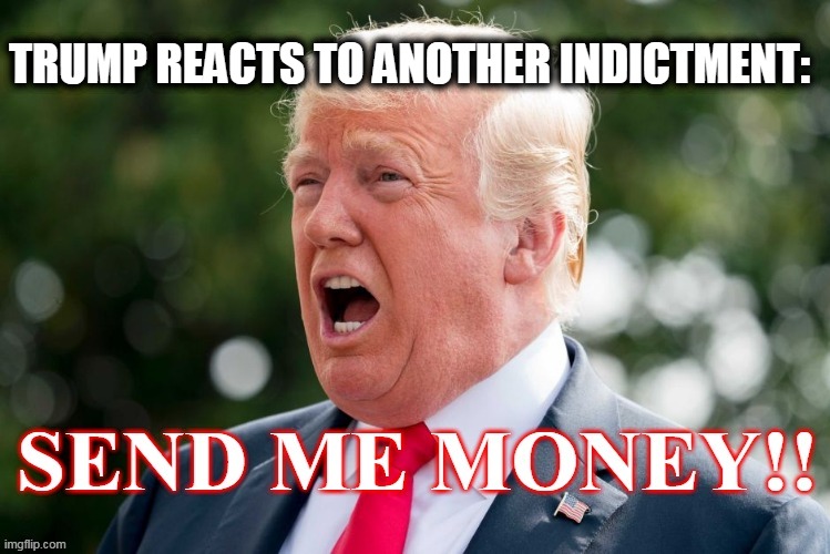 SEND ME MONEY! | TRUMP REACTS TO ANOTHER INDICTMENT: | image tagged in trump,indictment,maga | made w/ Imgflip meme maker