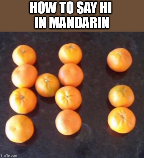 How to say hi in mandarin | HOW TO SAY HI 
IN MANDARIN | image tagged in oranges,funny,mandarin,hi,corny joke | made w/ Imgflip meme maker