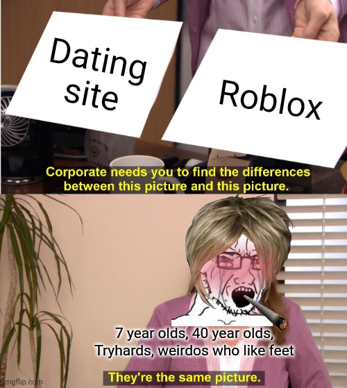They're The Same Picture | Dating site; Roblox; 7 year olds, 40 year olds, Tryhards, weirdos who like feet | image tagged in memes,they're the same picture | made w/ Imgflip meme maker