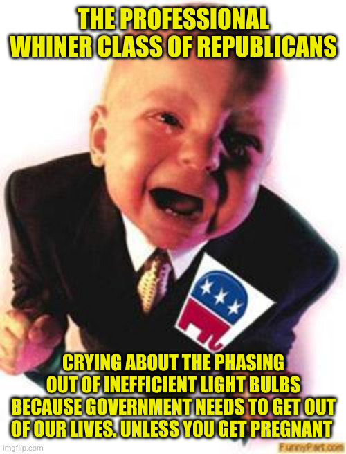 They're all about freedom. Freedom to take away rights from others | THE PROFESSIONAL WHINER CLASS OF REPUBLICANS; CRYING ABOUT THE PHASING OUT OF INEFFICIENT LIGHT BULBS BECAUSE GOVERNMENT NEEDS TO GET OUT OF OUR LIVES. UNLESS YOU GET PREGNANT | image tagged in crying republican | made w/ Imgflip meme maker