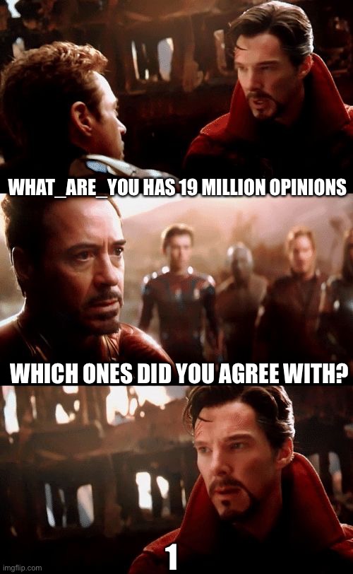 Im gonna get accused of supporting that fraud but i dont | WHAT_ARE_YOU HAS 19 MILLION OPINIONS; WHICH ONES DID YOU AGREE WITH? 1 | image tagged in infinity war - 14mil futures | made w/ Imgflip meme maker