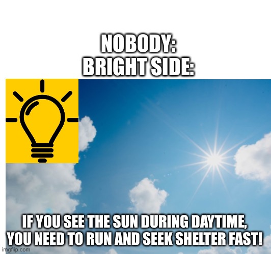 E | NOBODY:
BRIGHT SIDE:; IF YOU SEE THE SUN DURING DAYTIME, YOU NEED TO RUN AND SEEK SHELTER FAST! | image tagged in memes,funny | made w/ Imgflip meme maker