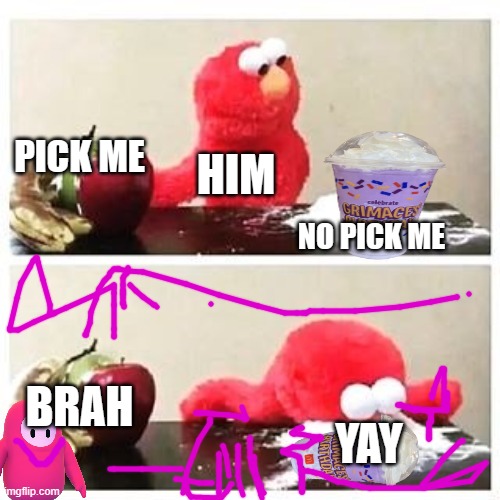 elmo cocaine | PICK ME; HIM; NO PICK ME; BRAH; YAY | image tagged in elmo cocaine | made w/ Imgflip meme maker
