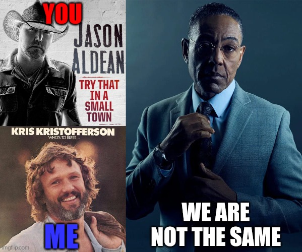 Jason Aldean vs Kris Kristofferson | YOU; WE ARE NOT THE SAME; ME | image tagged in try that in a small town | made w/ Imgflip meme maker