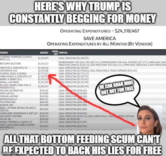 Save America PAC 'expenditures' | HERE'S WHY TRUMP IS CONSTANTLY BEGGING FOR MONEY; HE CAN GRAB MINE
BUT NOT FOR FREE; ALL THAT BOTTOM FEEDING SCUM CAN'T BE EXPECTED TO BACK HIS LIES FOR FREE | image tagged in trump,pac,corruption,gop,criminals,hookers | made w/ Imgflip meme maker