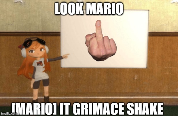 SMG4s Meggy pointing at board | LOOK MARIO; [MARIO] IT GRIMACE SHAKE | image tagged in smg4s meggy pointing at board | made w/ Imgflip meme maker