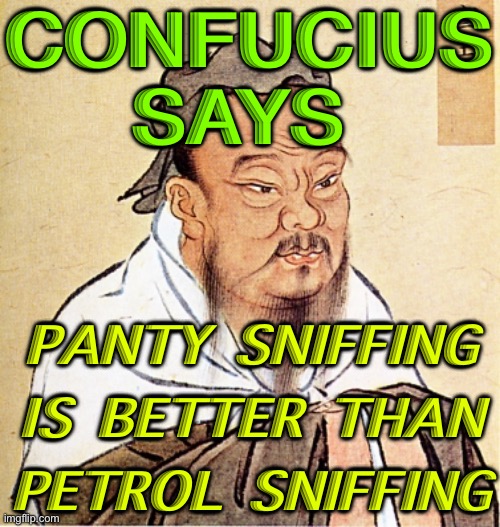 Better than petrol sniffing | CONFUCIUS SAYS; PANTY SNIFFING IS BETTER THAN PETROL SNIFFING | image tagged in confucius says | made w/ Imgflip meme maker