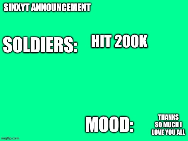Sinxyt announcement | HIT 200K; THANKS SO MUCH I LOVE YOU ALL | image tagged in sinxyt announcement | made w/ Imgflip meme maker