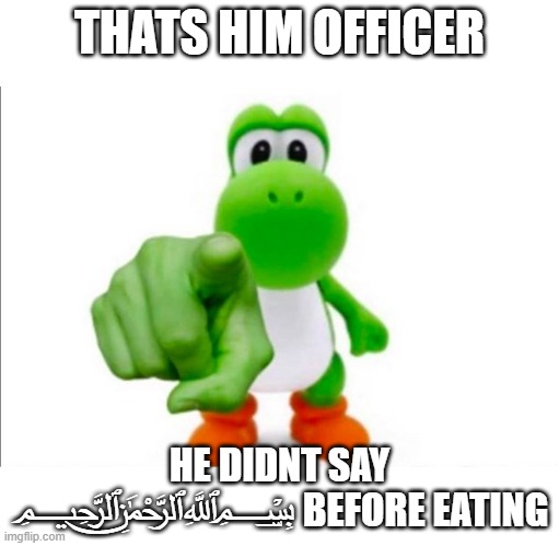 Pointing Yoshi | THATS HIM OFFICER; HE DIDNT SAY ﷽ BEFORE EATING | image tagged in pointing yoshi | made w/ Imgflip meme maker