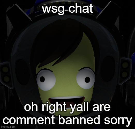 L | wsg chat; oh right yall are comment banned sorry | image tagged in happy kerbal | made w/ Imgflip meme maker