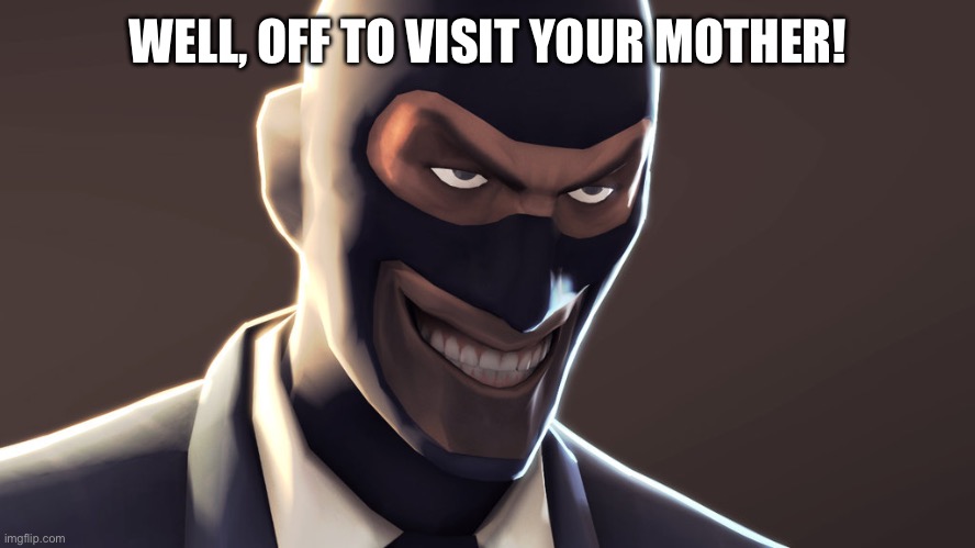 TF2 spy face | WELL, OFF TO VISIT YOUR MOTHER! | image tagged in tf2 spy face | made w/ Imgflip meme maker