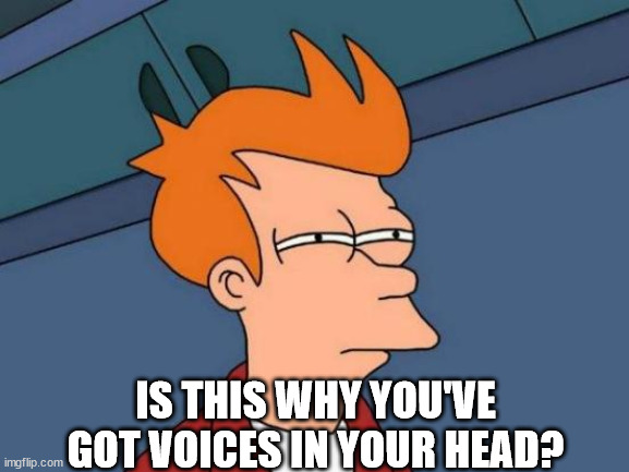 Futurama Fry Meme | IS THIS WHY YOU'VE GOT VOICES IN YOUR HEAD? | image tagged in memes,futurama fry | made w/ Imgflip meme maker