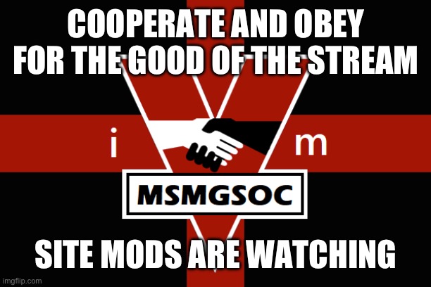 MSMGSOC flag | COOPERATE AND OBEY FOR THE GOOD OF THE STREAM; SITE MODS ARE WATCHING | image tagged in msmgsoc flag | made w/ Imgflip meme maker