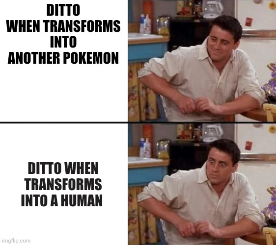 Ditto in Detective pikachu | DITTO WHEN TRANSFORMS INTO ANOTHER POKEMON; DITTO WHEN TRANSFORMS INTO A HUMAN | image tagged in surprised joey | made w/ Imgflip meme maker