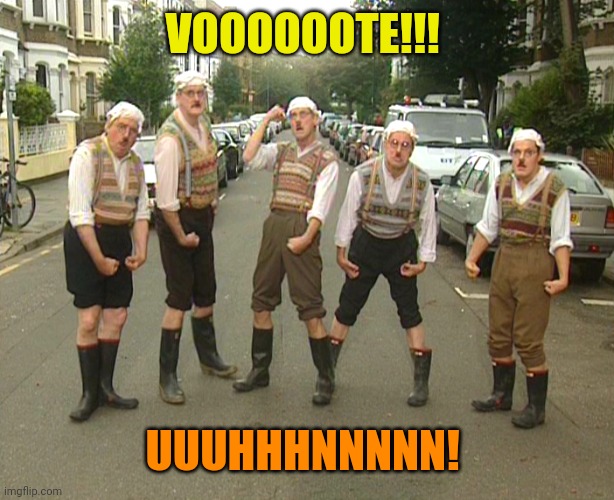 Monty Python Gumbys | VOOOOOOTE!!! UUUHHHNNNNN! | image tagged in monty python gumbys | made w/ Imgflip meme maker