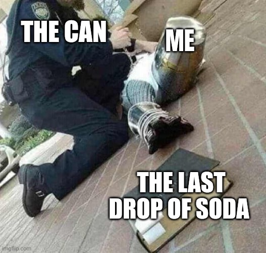 Soda moment | THE CAN; ME; THE LAST DROP OF SODA | image tagged in arrested crusader reaching for book,memes | made w/ Imgflip meme maker