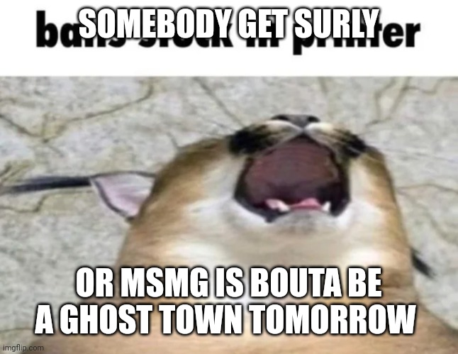 Balls stuck In printer | SOMEBODY GET SURLY; OR MSMG IS BOUTA BE A GHOST TOWN TOMORROW | image tagged in balls stuck in printer | made w/ Imgflip meme maker