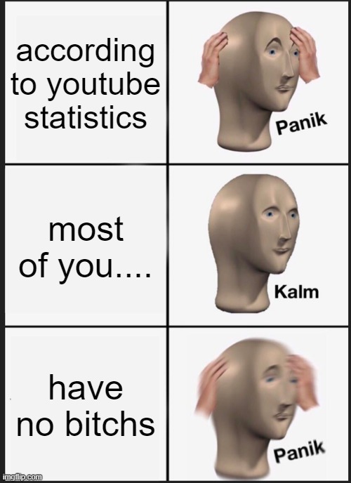 youtube intros be like | according to youtube statistics; most of you.... have no bitchs | image tagged in memes,panik kalm panik | made w/ Imgflip meme maker
