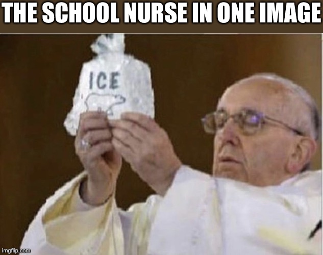 School nurse | THE SCHOOL NURSE IN ONE IMAGE | image tagged in holding ice,school | made w/ Imgflip meme maker