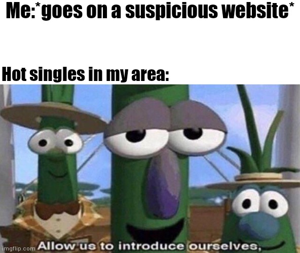 I'm handsome I guess? | Me:*goes on a suspicious website*; Hot singles in my area: | image tagged in veggietales 'allow us to introduce ourselfs',hot single,website,suspicious | made w/ Imgflip meme maker
