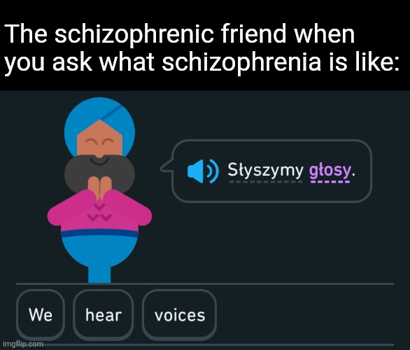 The schizophrenic friend when you ask what schizophrenia is like: | made w/ Imgflip meme maker