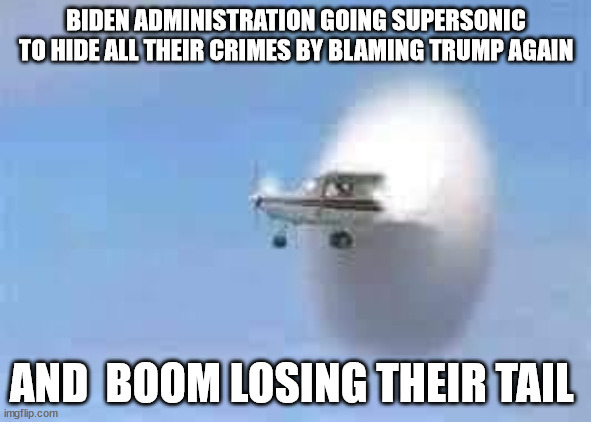 Alligator mouth overloads hummingbird tail | BIDEN ADMINISTRATION GOING SUPERSONIC TO HIDE ALL THEIR CRIMES BY BLAMING TRUMP AGAIN; AND  BOOM LOSING THEIR TAIL | image tagged in biden - will you shut up man,aviation,sonic boom | made w/ Imgflip meme maker