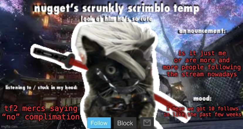 Nugget’s Scrunkly Scrimblo Temp | is it just me or are more and more people following the stream nowadays; tf2 mercs saying “no” complimation; I mean we got 10 follows in like the past few weeks | image tagged in nugget s scrunkly scrimblo temp | made w/ Imgflip meme maker