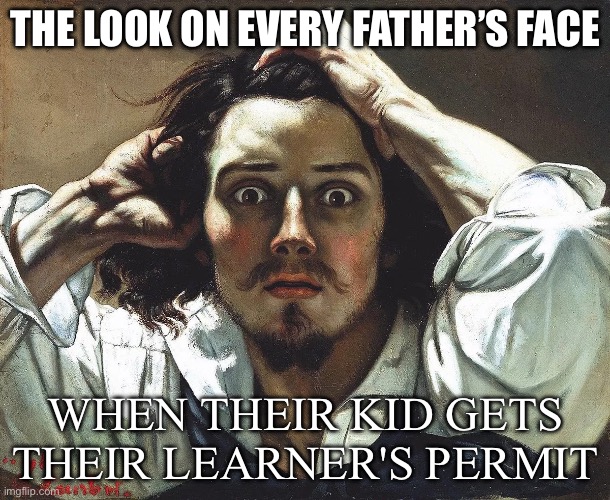 Driving | THE LOOK ON EVERY FATHER’S FACE; WHEN THEIR KID GETS THEIR LEARNER'S PERMIT | image tagged in gustave courbet the desperate man,father,permit | made w/ Imgflip meme maker