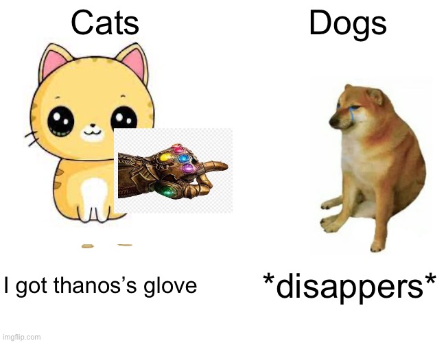 Buff Doge vs. Cheems | Cats; Dogs; I got thanos’s glove; *disappers* | image tagged in memes,buff doge vs cheems | made w/ Imgflip meme maker