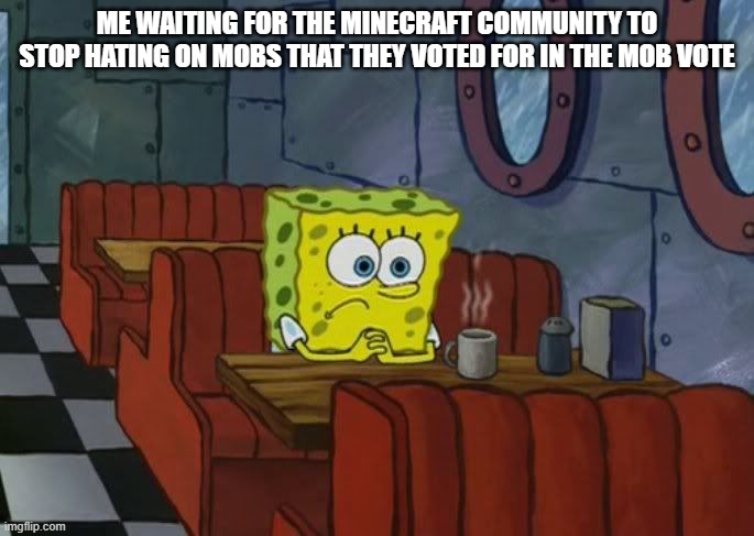 Sad Spongebob | ME WAITING FOR THE MINECRAFT COMMUNITY TO STOP HATING ON MOBS THAT THEY VOTED FOR IN THE MOB VOTE | image tagged in sad spongebob | made w/ Imgflip meme maker