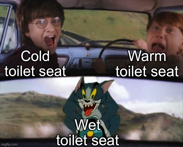 Tom chasing Harry and Ron Weasly | Warm toilet seat; Cold toilet seat; Wet toilet seat | image tagged in tom chasing harry and ron weasly | made w/ Imgflip meme maker
