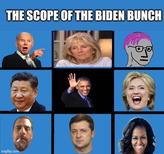 The full Biden Bunch | THE SCOPE OF THE BIDEN BUNCH | image tagged in brady bunch squares | made w/ Imgflip meme maker