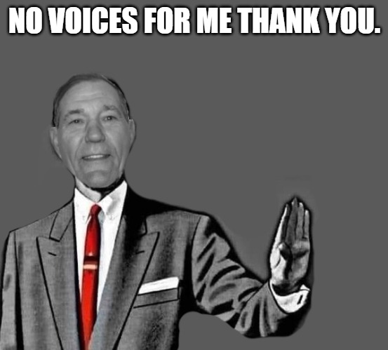 no way | NO VOICES FOR ME THANK YOU. | image tagged in kewlew blank | made w/ Imgflip meme maker