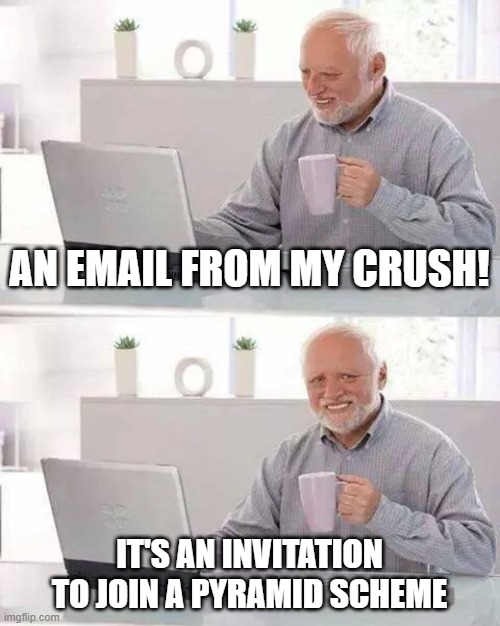 Hide the Pain Harold Meme | AN EMAIL FROM MY CRUSH! IT'S AN INVITATION TO JOIN A PYRAMID SCHEME | image tagged in memes,hide the pain harold | made w/ Imgflip meme maker