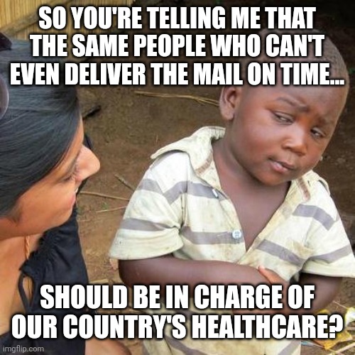 Yeah, I trust Washington to run our Healthcare just as well as it's run their Foreign Policy! | SO YOU'RE TELLING ME THAT THE SAME PEOPLE WHO CAN'T EVEN DELIVER THE MAIL ON TIME... SHOULD BE IN CHARGE OF OUR COUNTRY'S HEALTHCARE? | image tagged in memes,third world skeptical kid | made w/ Imgflip meme maker