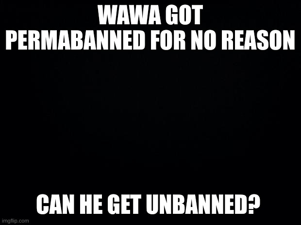 Black background | WAWA GOT PERMABANNED FOR NO REASON; CAN HE GET UNBANNED? | image tagged in black background | made w/ Imgflip meme maker