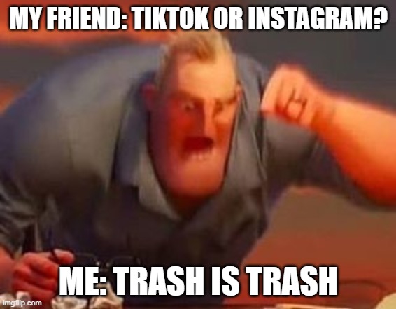 internet moment | MY FRIEND: TIKTOK OR INSTAGRAM? ME: TRASH IS TRASH | image tagged in mr incredible mad | made w/ Imgflip meme maker
