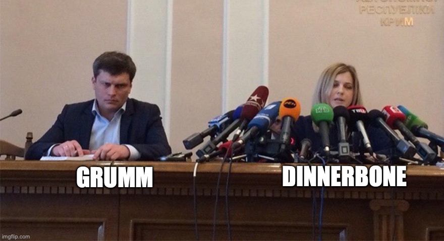 . | DINNERBONE; GRUMM | image tagged in man and woman microphone | made w/ Imgflip meme maker