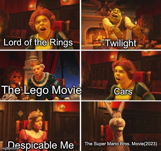 Movies argument two | Lord of the Rings; Twilight; The Lego Movie; Cars; The Super Mario Bros. Movie(2023); Despicable Me | image tagged in shrek argument | made w/ Imgflip meme maker