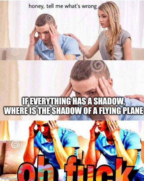 :l | IF EVERYTHING HAS A SHADOW, WHERE IS THE SHADOW OF A FLYING PLANE | image tagged in honey tell me what's wrong | made w/ Imgflip meme maker