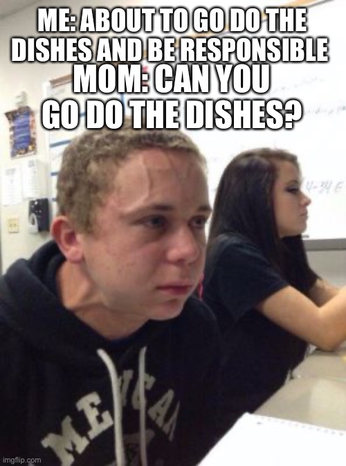 whyyy | ME: ABOUT TO GO DO THE DISHES AND BE RESPONSIBLE; MOM: CAN YOU GO DO THE DISHES? | image tagged in man triggered at school | made w/ Imgflip meme maker