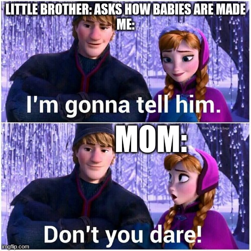 I’m gonna tell him | LITTLE BROTHER: ASKS HOW BABIES ARE MADE
ME:; MOM: | image tagged in i m gonna tell him | made w/ Imgflip meme maker