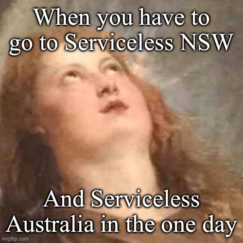 Serviceless | When you have to go to Serviceless NSW; And Serviceless Australia in the one day | image tagged in classic art eyeroll,secret service,public service announcement | made w/ Imgflip meme maker