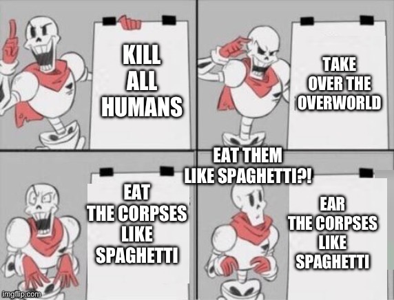 Papyrus plan | KILL ALL HUMANS; TAKE OVER THE OVERWORLD; EAT THEM LIKE SPAGHETTI?! EAT THE CORPSES LIKE SPAGHETTI; EAR THE CORPSES LIKE SPAGHETTI | image tagged in papyrus plan,papyrus undertale | made w/ Imgflip meme maker