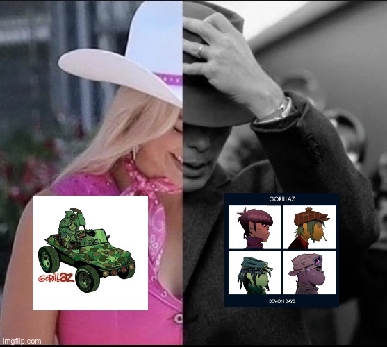 this is the most memeable meme template for any music artist | image tagged in barbenheimer,gorillaz | made w/ Imgflip meme maker