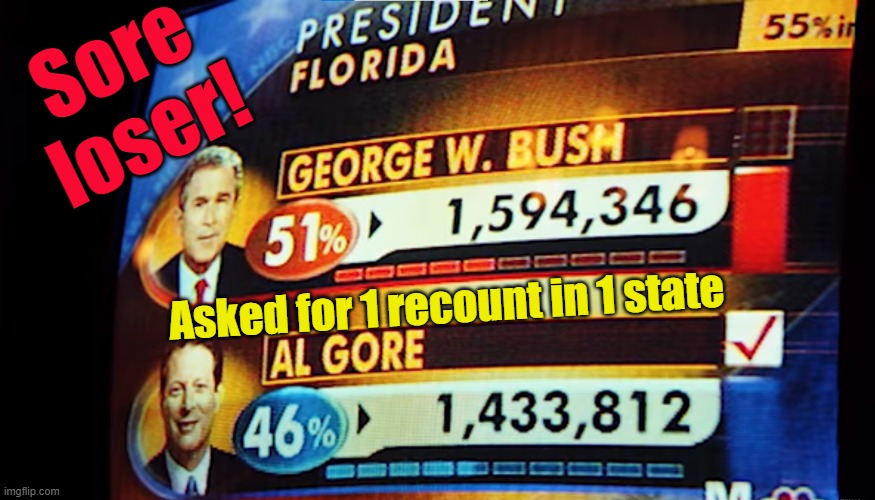 Al Gore election | Sore
loser! Asked for 1 recount in 1 state | made w/ Imgflip meme maker