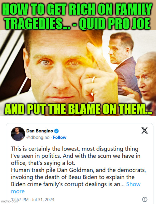 Dems sink to a new low... | HOW TO GET RICH ON FAMILY TRAGEDIES... - QUID PRO JOE; AND PUT THE BLAME ON THEM... | image tagged in biden,crime,family,blame,dead,relatives | made w/ Imgflip meme maker