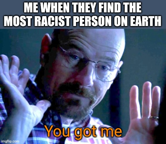 Walter you got me | ME WHEN THEY FIND THE MOST RACIST PERSON ON EARTH; You got me | image tagged in walter you got me | made w/ Imgflip meme maker