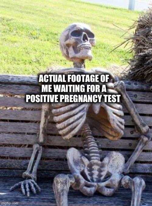 Waiting forever | ACTUAL FOOTAGE OF ME WAITING FOR A POSITIVE PREGNANCY TEST | image tagged in memes,waiting skeleton | made w/ Imgflip meme maker