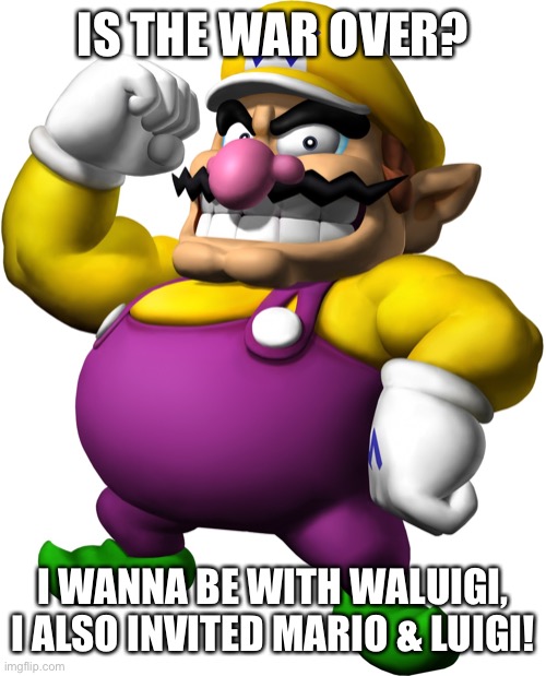 If the war is over, I’m adding Wario, Mario, & Luigi to Team Morshu | IS THE WAR OVER? I WANNA BE WITH WALUIGI, I ALSO INVITED MARIO & LUIGI! | image tagged in wario | made w/ Imgflip meme maker